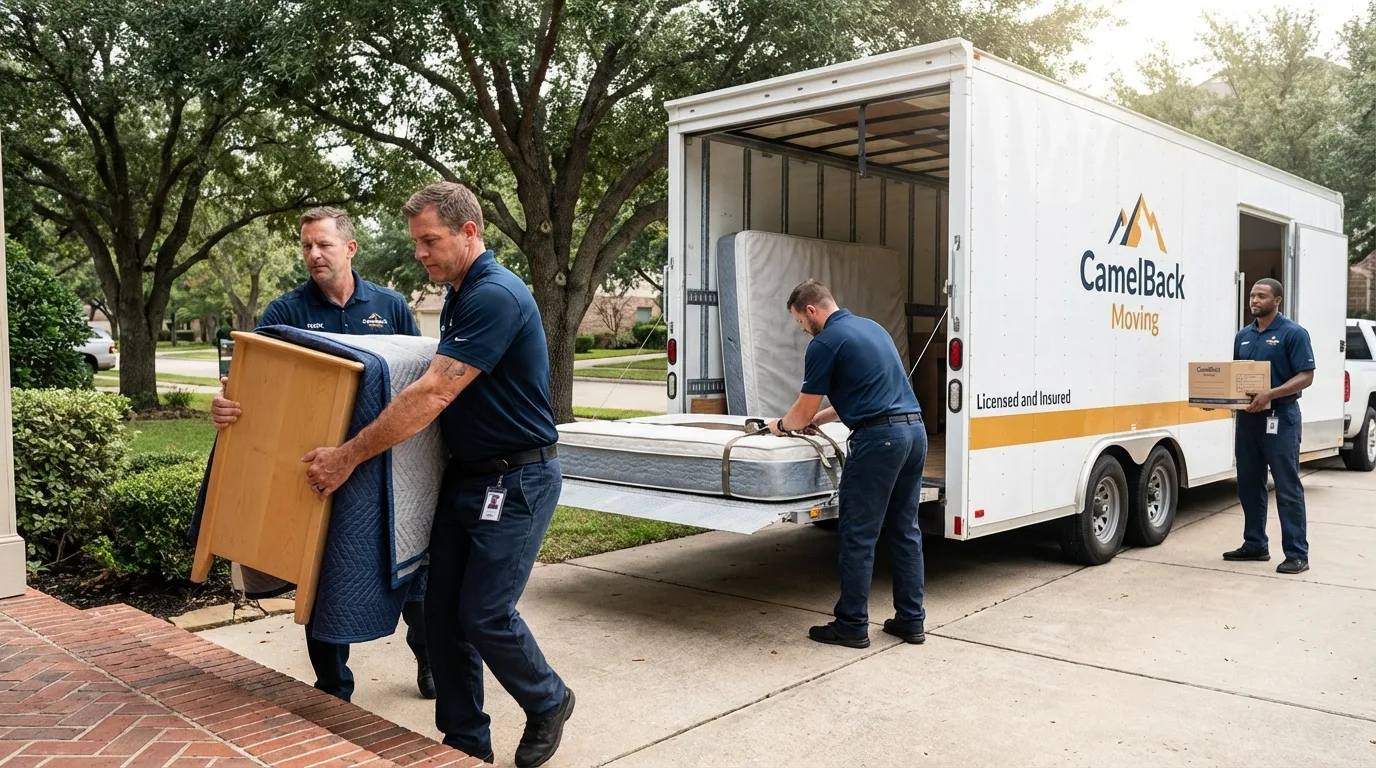 Crew loading residential truck for cross-state move from Paris, AR
