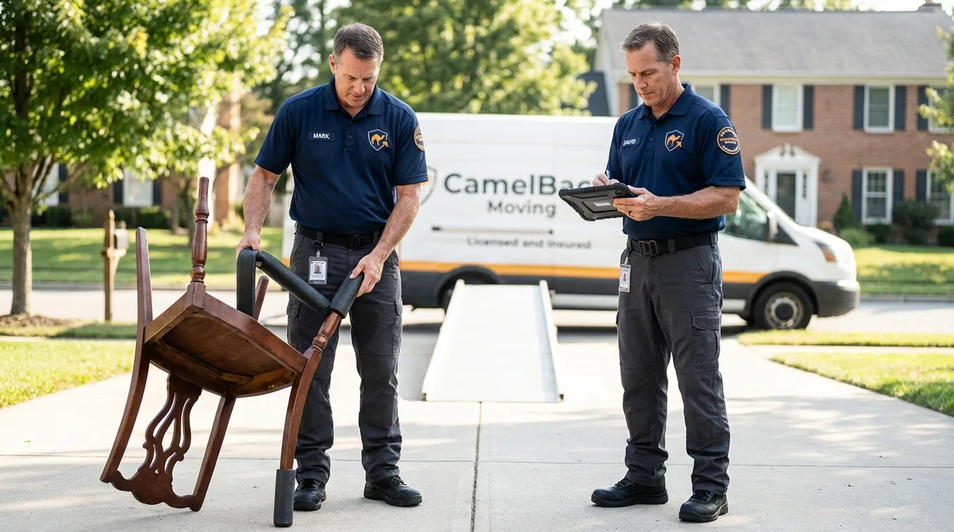 Movers inspecting furniture for damage prevention before loading in Paris, AR