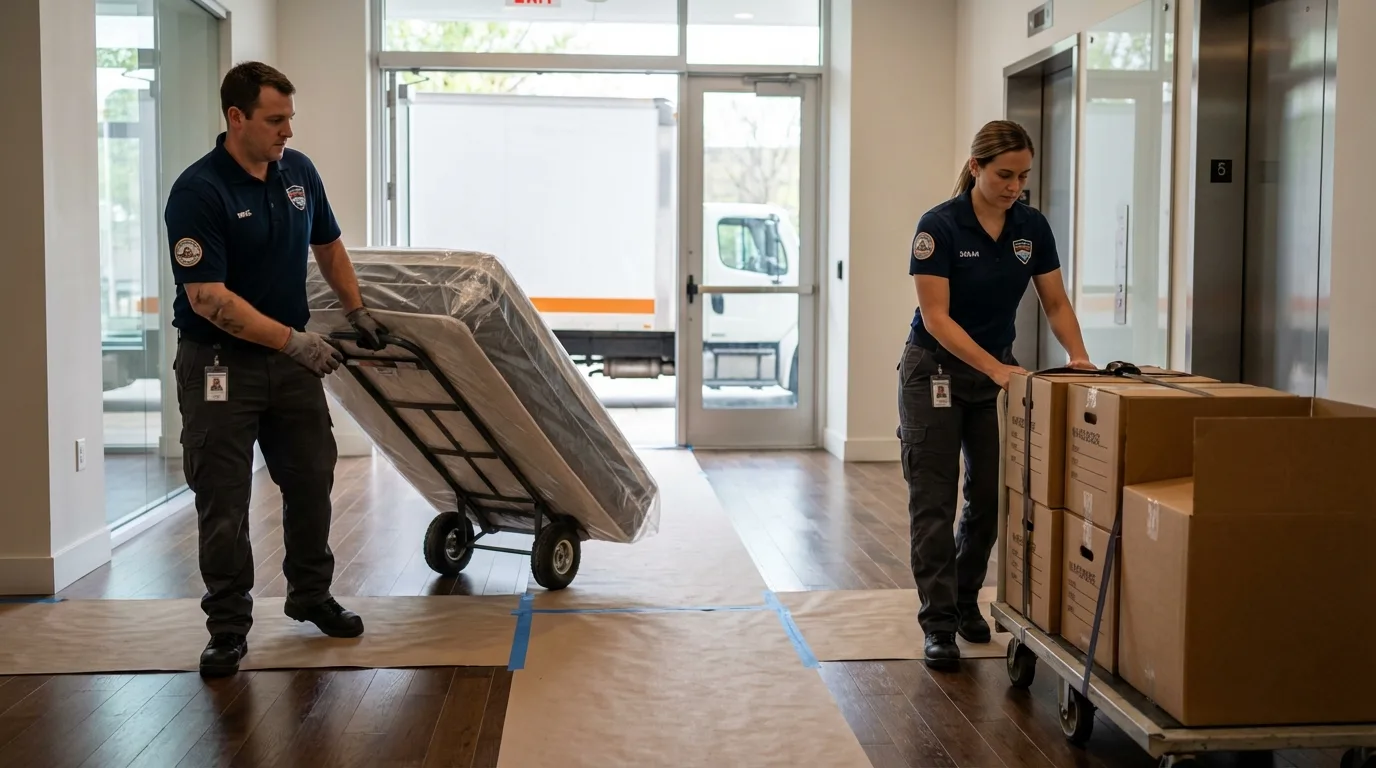 Professional apartment movers loading elevator in Paris, AR