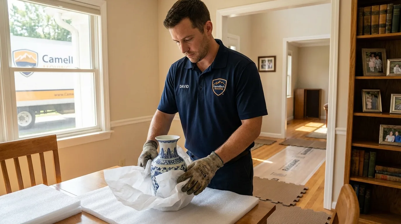 Professional crew carefully wrapping antique vase for senior downsizing move in Paris, AR